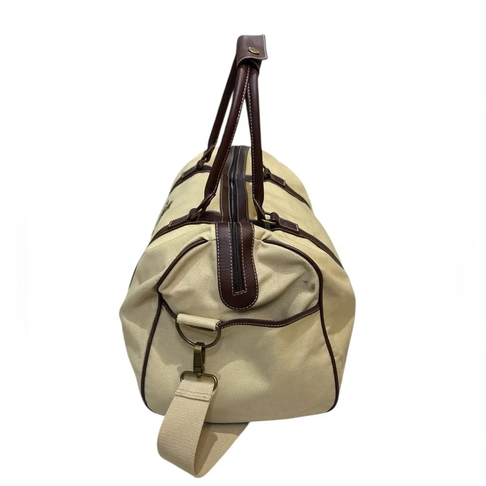 Vintage 1955 Disney Tan Canvas Duffel Bag with Leather Trim and shoulder strap